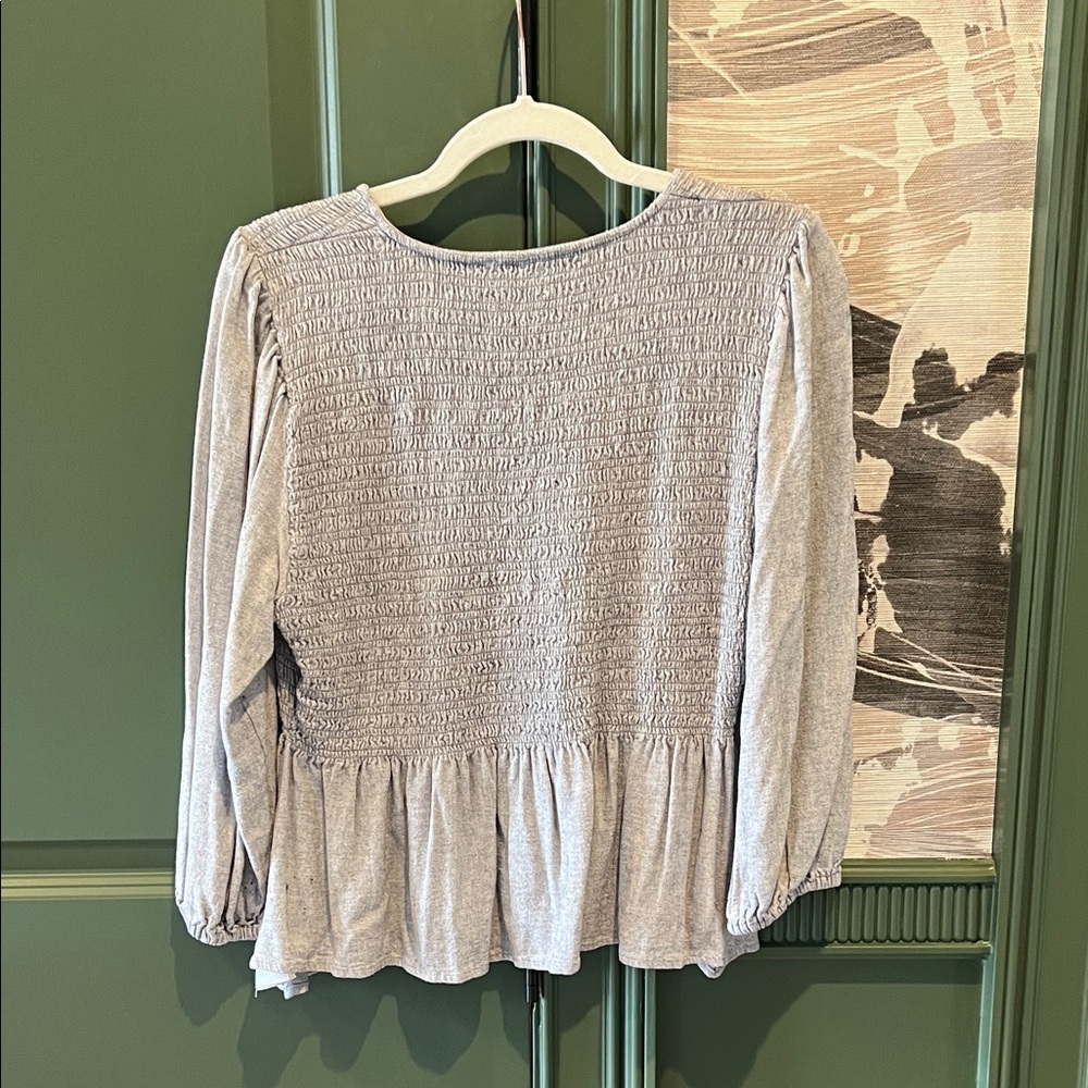 Madewell Light Gray Smocked V-Neck Blouse - Picture 3 of 5